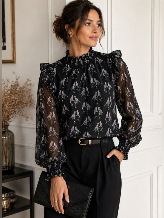 Ted Baker London Tops - TED BAKER ZABRINA LOVEBIRDS RUFFLE BLOUSE BLACK SHEER CHIFFON SIZE 1